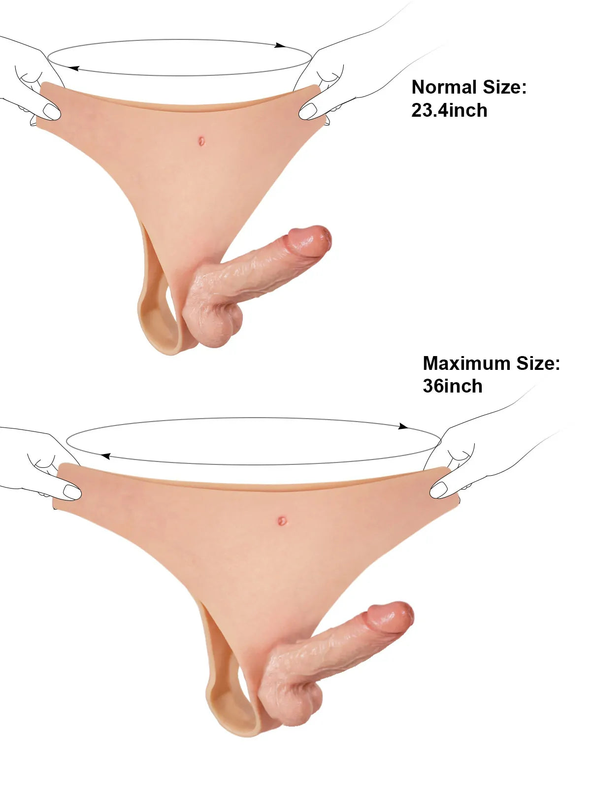 Fit guide showing the wearable strap-on dildo waist range