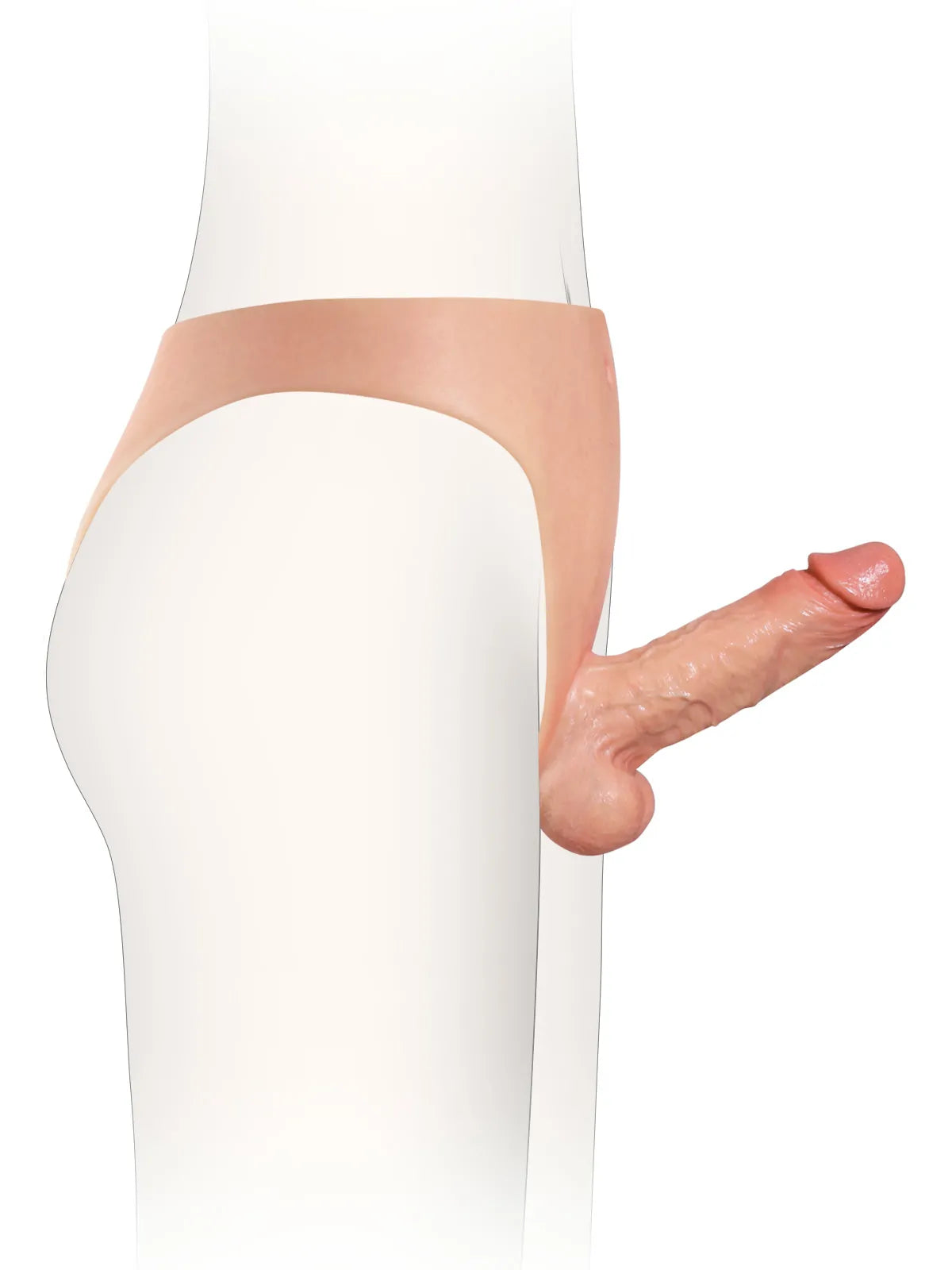 Wearable strap-on dildo worn on a body, ready for pegging, side view