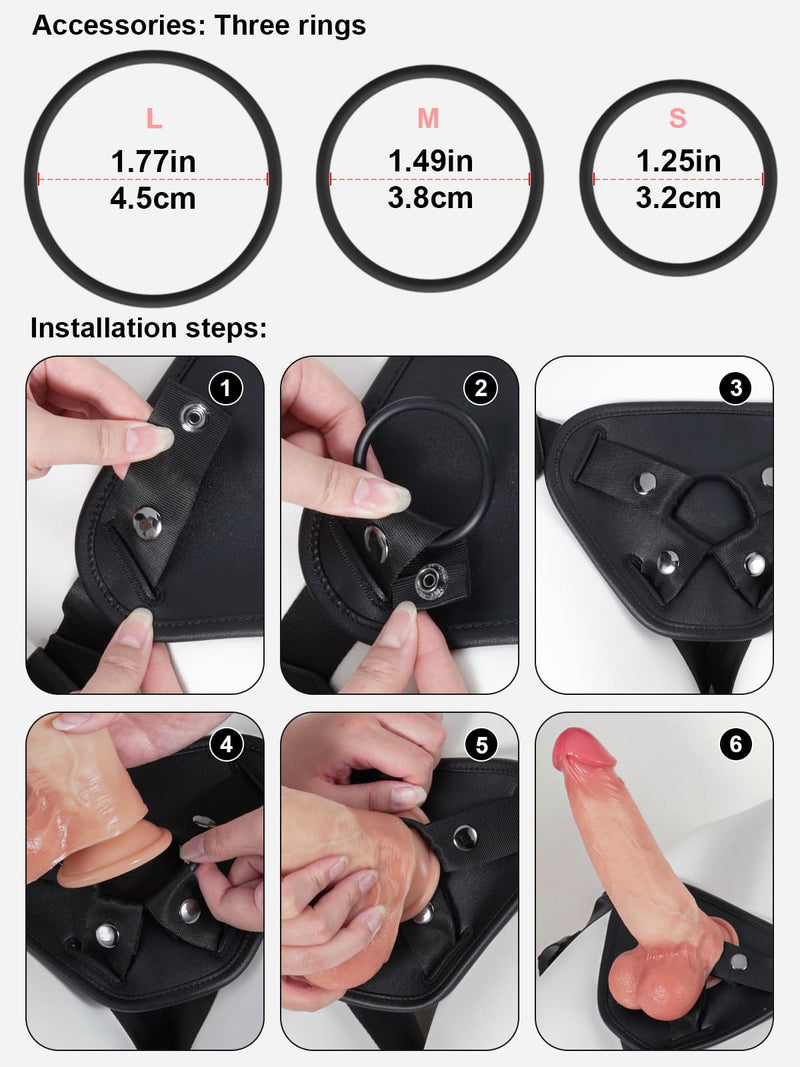 Three swappable O-rings and installation steps for the strap-on harness