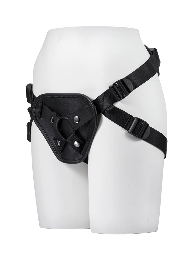Black strap-on harness worn on a mannequin, front view