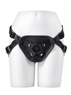 Strap-on harness worn front view showing the O-ring mount