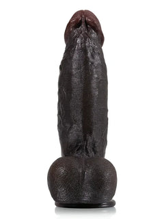 Thick black dildo with full balls and swollen head, side view