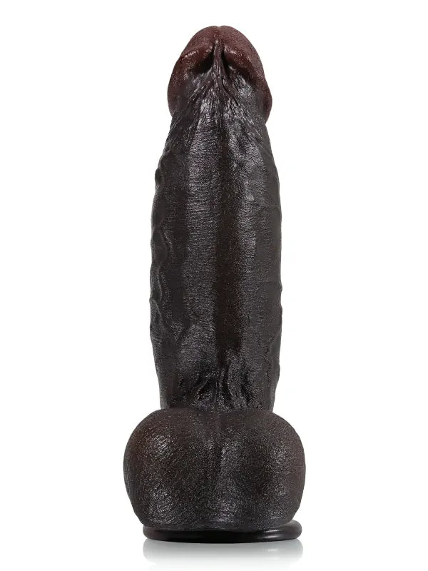 Thick black dildo with full balls and swollen head, side view