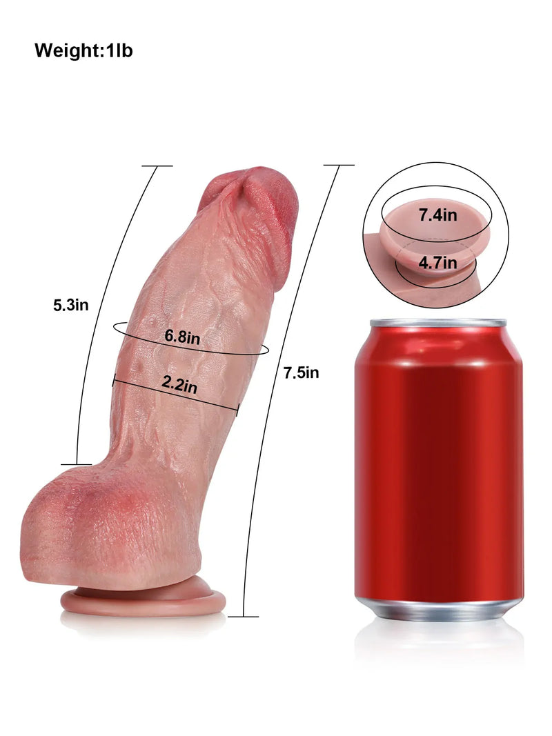 Size chart of the short thick dildo showing length and girth with a can