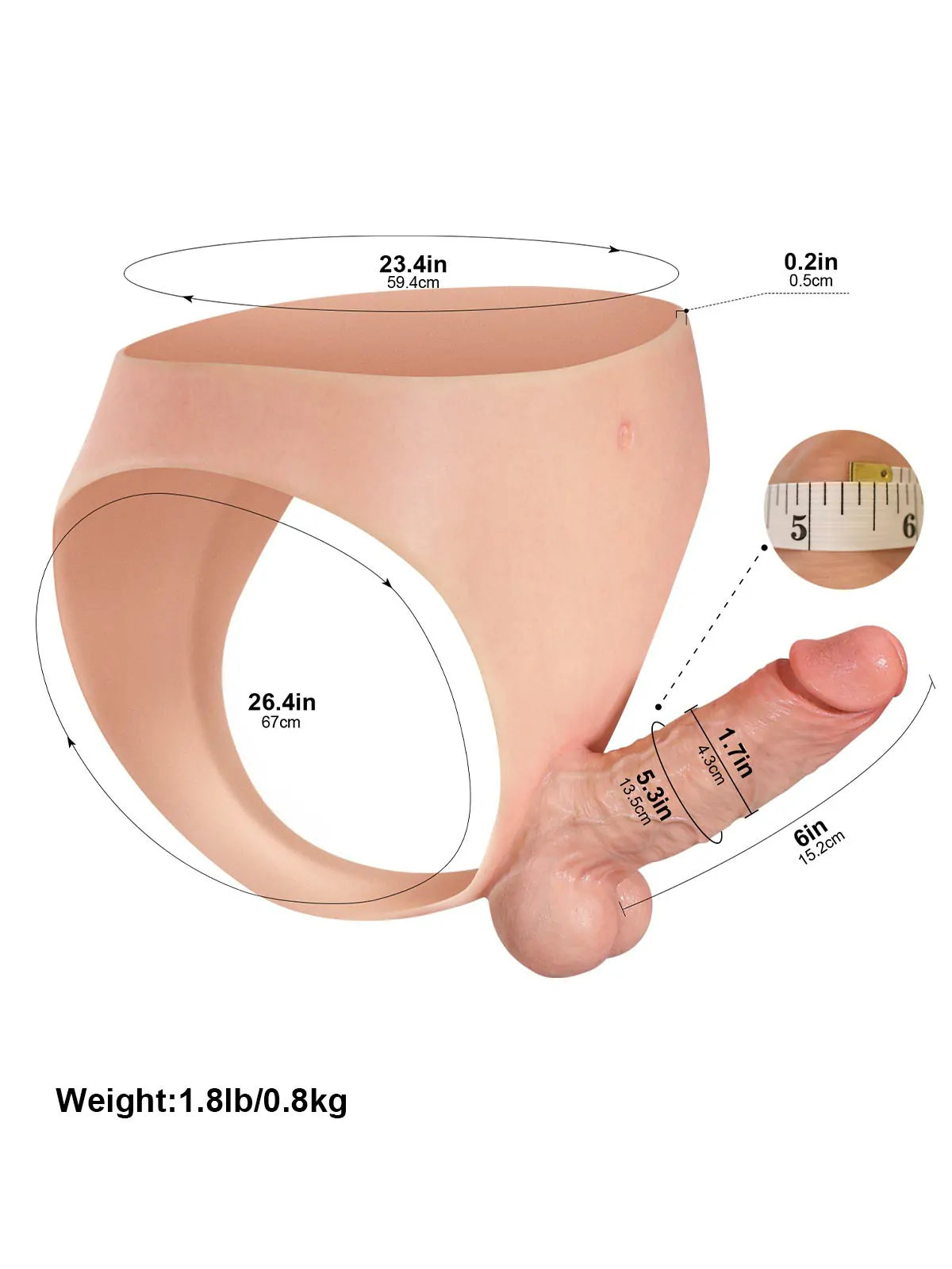 Size chart of the wearable strap-on dildo showing shaft and waist fit